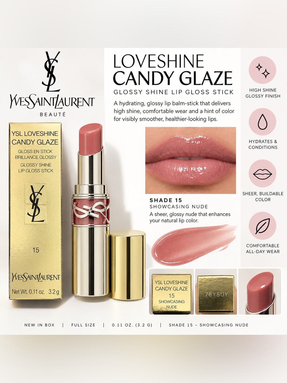 YSL Loveshine Candy Glaze Gloss Stick #15 Showcasing Nude – NIB